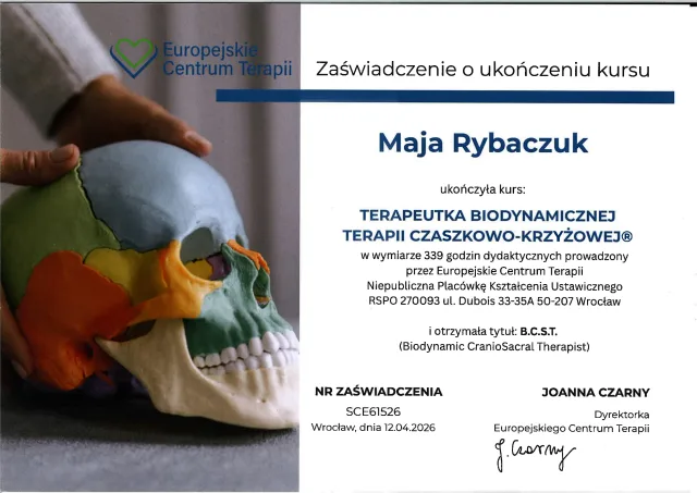 Certyfikat ukończenia szkolenia Biodynamicznej Terapii Czaszkowo-Krzyżowej w języku polskim.