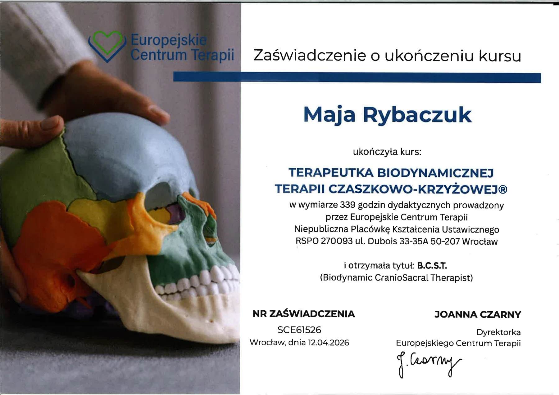 Certyfikat ukończenia szkolenia Biodynamicznej Terapii Czaszkowo-Krzyżowej w języku polskim.